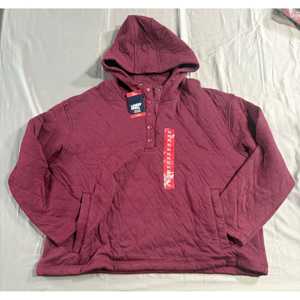 Lands End Womens Quilted Pullover Hoodie Burgundy Snap Neck XL 16-18 NEW